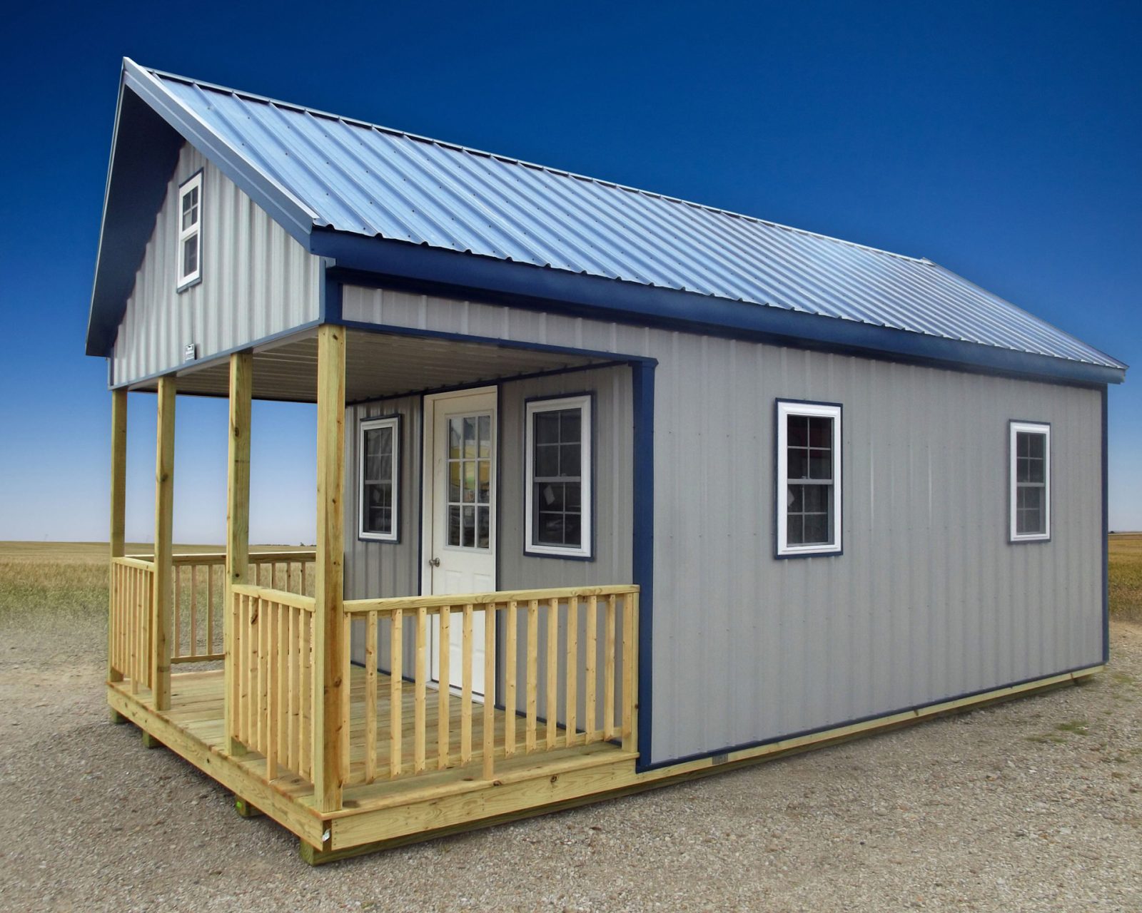 12x24 lofted cabin gray sides gallery blue roof trim